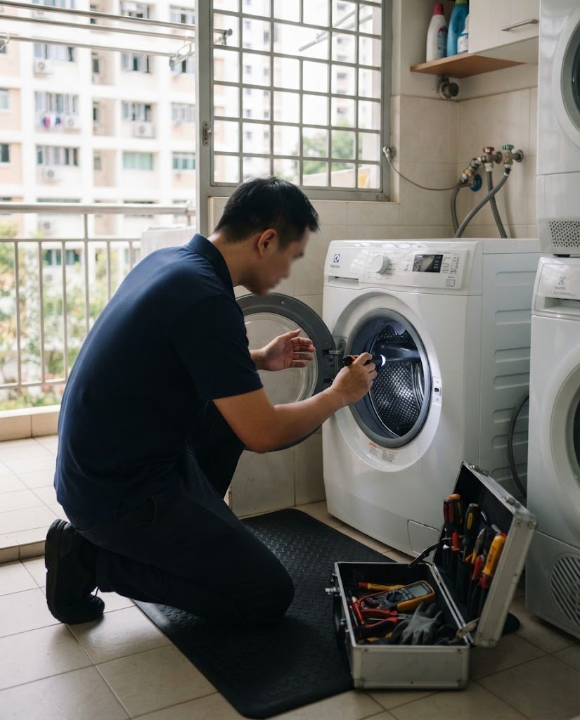 WahidCare technician checking a washing machine in a Singapore home