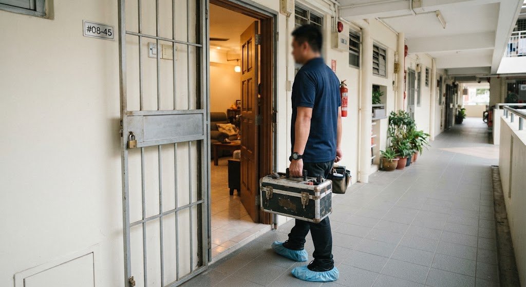 Technician arriving at a Singapore HDB flat with a toolbox